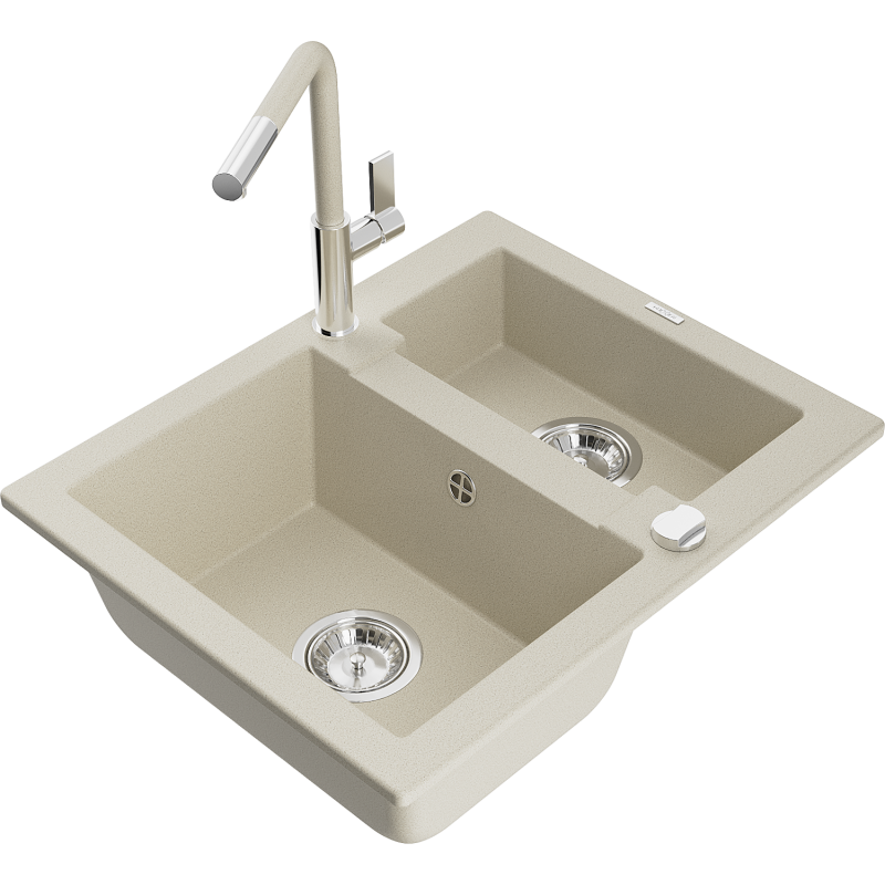 Mexen Carlos granitový dřez 1,5-komorový s kuchyňskou baterií Flora, béžový - 6518-69-670401-09