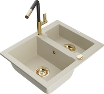 Mexen Carlos žulový dřez 1,5-komorový s kuchyňskou baterií Flora, béžový - 6518-69-670401-57-G