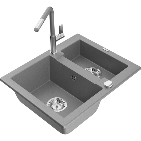 Mexen Carlos žulový dřez 1,5-komorový s kuchyňskou baterií Flora, šedý - 6518-71-670401-06
