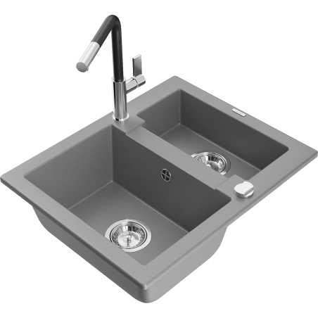 Mexen Carlos granitový dřez 1,5-komorový s kuchyňskou baterií Flora, šedý - 6518-71-670401-07