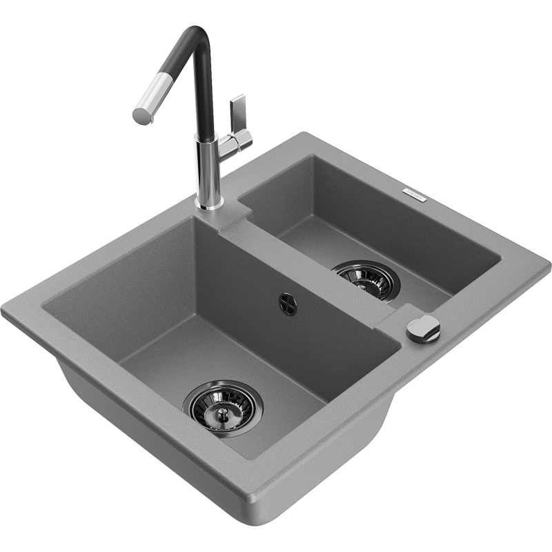Mexen Carlos granitový dřez 1,5-komorový s kuchyňskou baterií Flora, šedý - 6518-71-670401-07-B