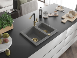 Mexen Carlos žulový dřez 1,5komorový s kuchyňskou baterií Flora, šedý - 6518-71-670401-57-G