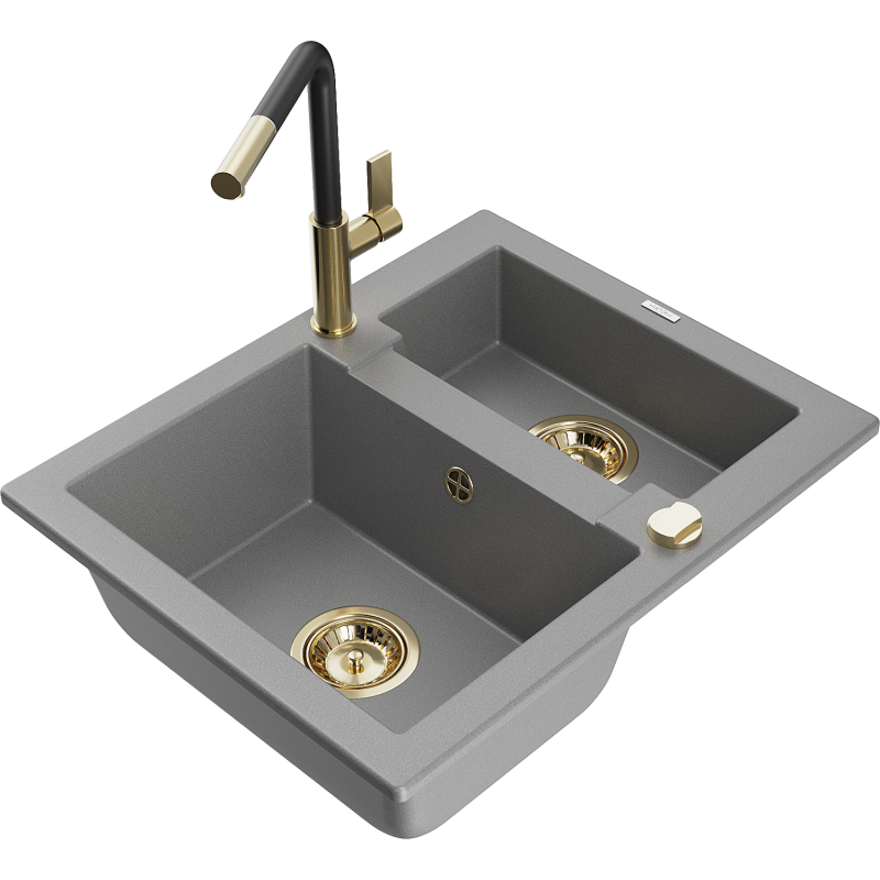 Mexen Carlos žulový dřez 1,5komorový s kuchyňskou baterií Flora, šedý - 6518-71-670401-57-G