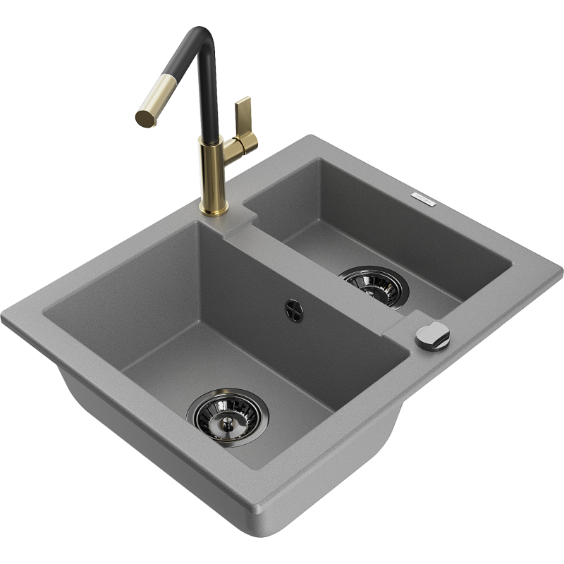 Mexen Carlos žulový dřez 1,5-komorový s kuchyňskou baterií Flora, šedý - 6518-71-670401-57-B