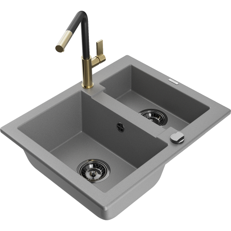 Mexen Carlos žulový dřez 1,5-komorový s kuchyňskou baterií Flora, šedý - 6518-71-670401-57-B