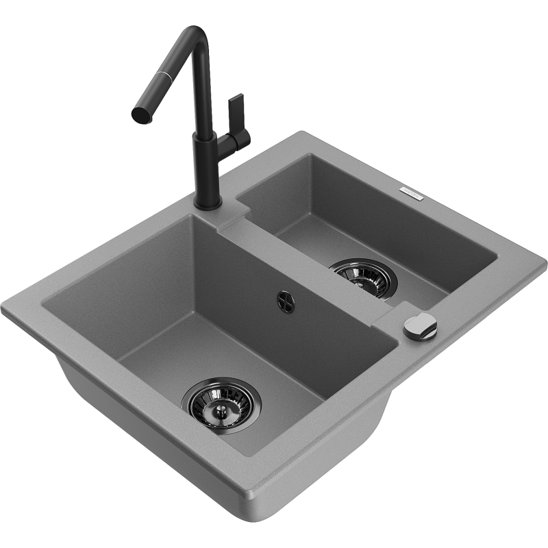 Mexen Carlos žulový dřez 1,5-komorový s kuchyňskou baterií Flora, šedý - 6518-71-670401-70-B
