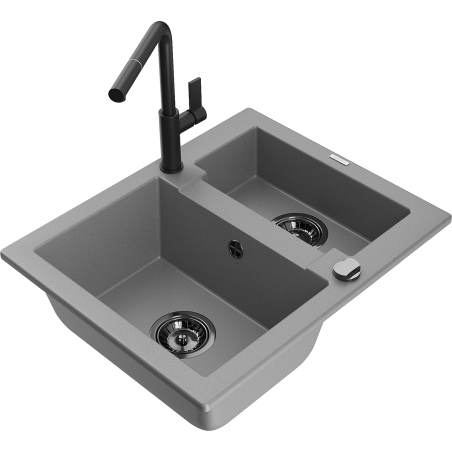 Mexen Carlos žulový dřez 1,5-komorový s kuchyňskou baterií Flora, šedý - 6518-71-670401-70-B