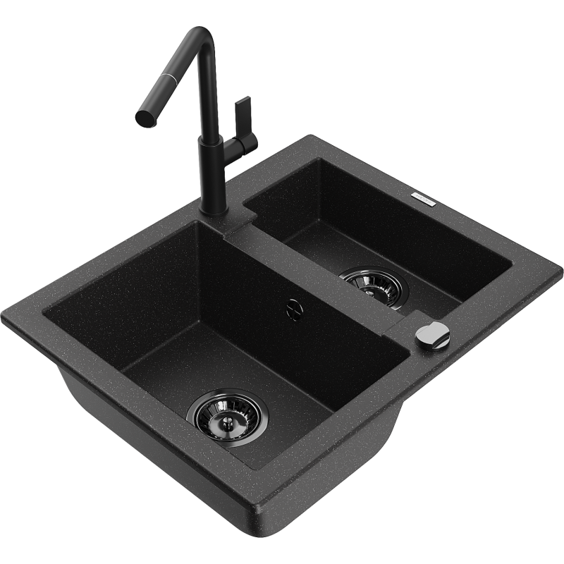 Mexen Carlos granitový dřez 1,5-komorový s kuchyňskou baterií Flora, černý/stříbrný metalik - 6518-73-670401-70-B