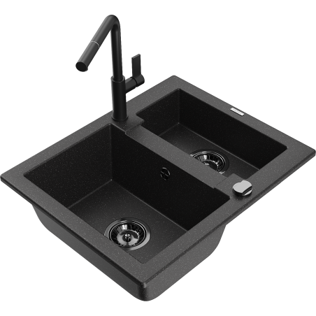 Mexen Carlos granitový dřez 1,5-komorový s kuchyňskou baterií Flora, černý/stříbrný metalik - 6518-73-670401-70-B