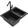Mexen Carlos granitový dřez 1,5-komorový s kuchyňskou baterií Flora, černý/stříbrný metalik - 6518-73-670401-70-B
