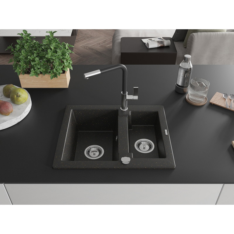 Mexen Carlos granitový dřez 1,5-komorový s kuchyňskou baterií Flora, černý/zlatý metalík - 6518-75-670401-07