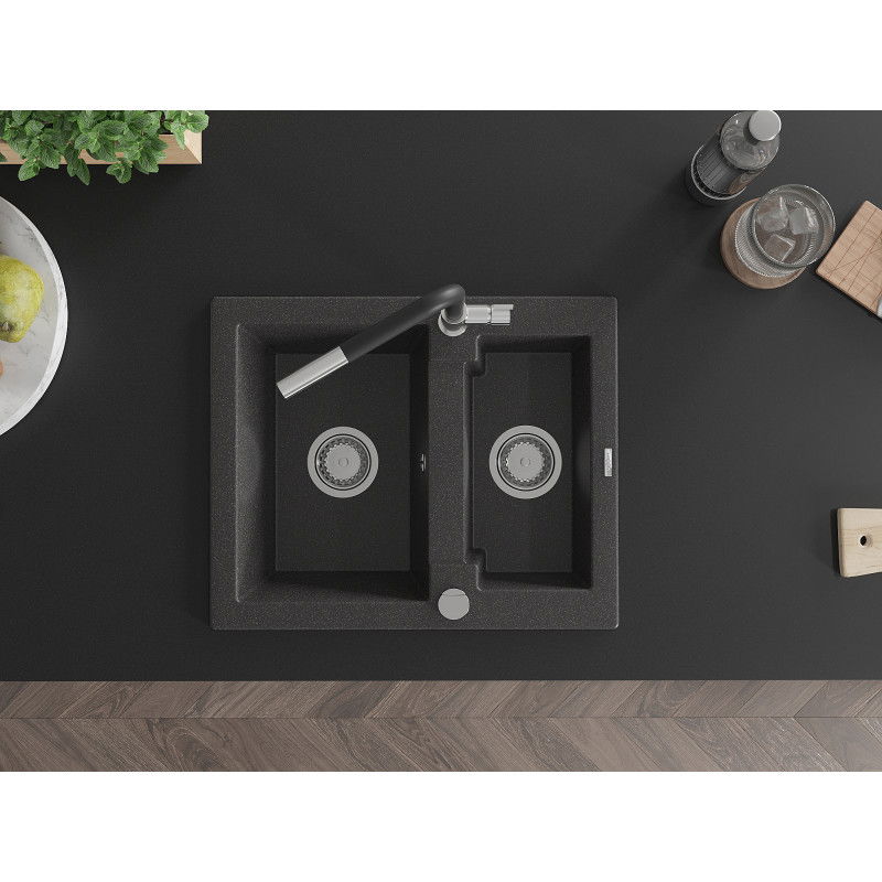 Mexen Carlos granitový dřez 1,5-komorový s kuchyňskou baterií Flora, černý s tečkami - 6518-76-670401-07