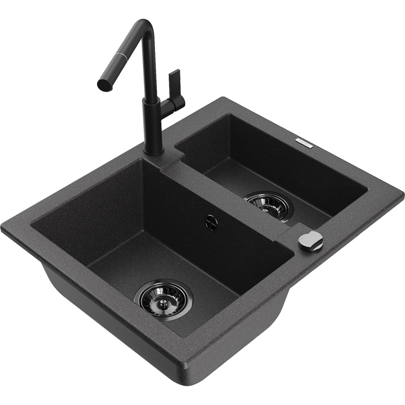 Mexen Carlos granitový dřez 1,5-komorový s kuchyňskou baterií Flora, černý skvrnitý - 6518-76-670401-70-B