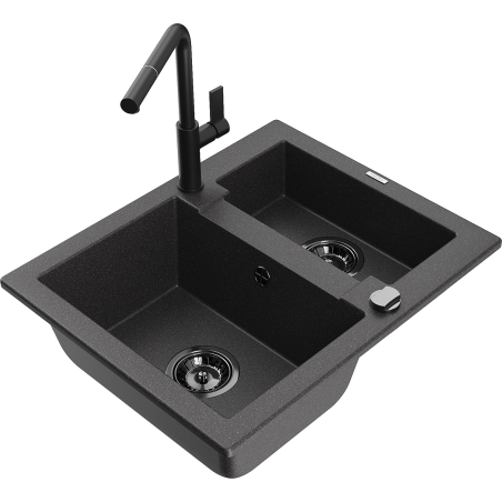 Mexen Carlos granitový dřez 1,5-komorový s kuchyňskou baterií Flora, černý skvrnitý - 6518-76-670401-70-B