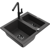 Mexen Carlos granitový dřez 1,5-komorový s kuchyňskou baterií Flora, černý skvrnitý - 6518-76-670401-70-B