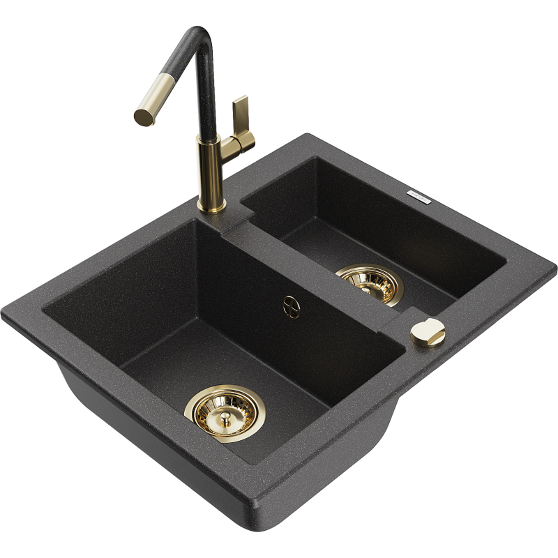 Mexen Carlos granitový dřez 1,5-komorový s kuchyňskou baterií Flora, černý s tečkami - 6518-76-670401-75-G