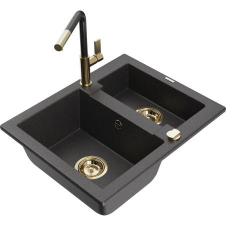 Mexen Carlos granitový dřez 1,5-komorový s kuchyňskou baterií Flora, černý s tečkami - 6518-76-670401-75-G