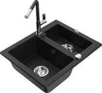 Mexen Carlos granitový dřez 1,5 komorový s kuchyňskou baterií Flora, černý - 6518-77-670401-07