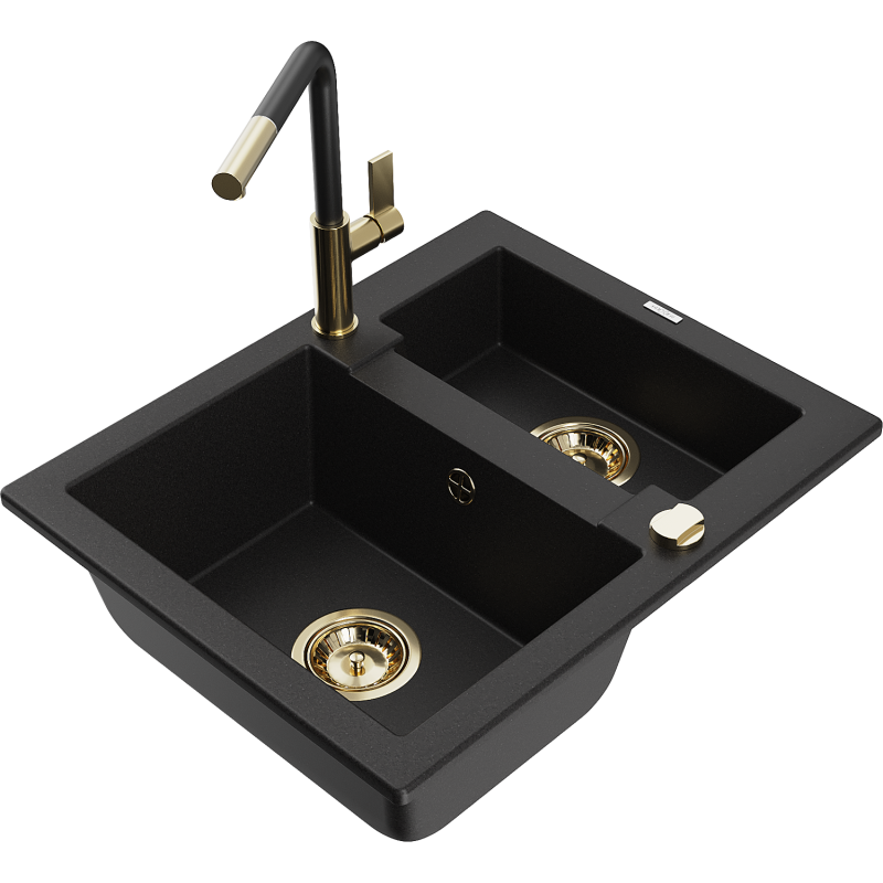 Mexen Carlos granitový dřez 1,5-komorový s kuchyňskou baterií Flora, černý - 6518-77-670401-57-G