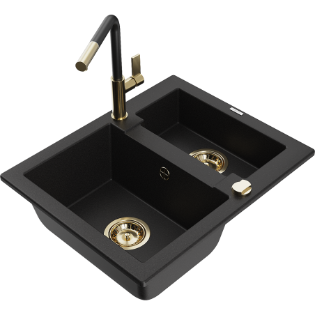 Mexen Carlos granitový dřez 1,5-komorový s kuchyňskou baterií Flora, černý - 6518-77-670401-57-G
