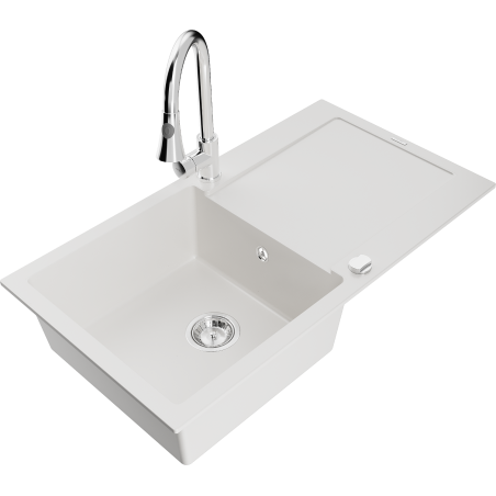 Mexen Leo granitový dřez 1-komorový s odkapávačem a kuchyňskou baterií Elia, bílý - 6501-20-670101-00