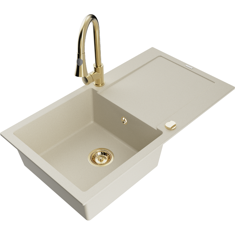 Mexen Leo granitový dřez s 1 komorou, odkapávačem a kuchyňskou baterií Elia, béžový - 6501-69-670101-50