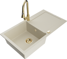 Mexen Leo granitový dřez s 1 komorou, odkapávačem a kuchyňskou baterií Elia, béžový - 6501-69-670101-50