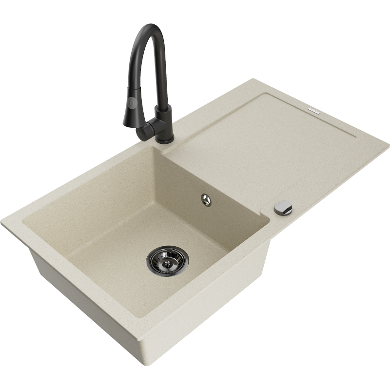Mexen Leo granitový dřez 1-komorový s odkapávačem a kuchyňskou baterií Elia, béžový - 6501-69-670101-70