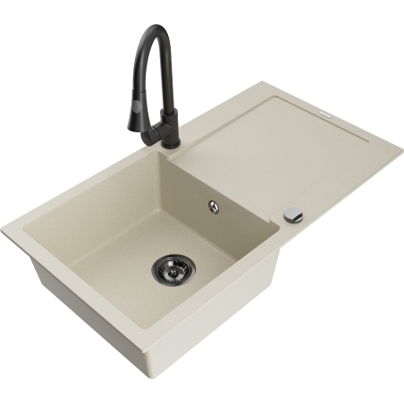 Mexen Leo granitový dřez 1-komorový s odkapávačem a kuchyňskou baterií Elia, béžový - 6501-69-670101-70