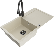 Mexen Leo granitový dřez 1-komorový s odkapávačem a kuchyňskou baterií Elia, béžový - 6501-69-670101-70