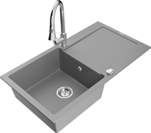 Mexen Leo granitový dřez 1-komorový s odkapávačem a kuchyňskou baterií Elia, šedý - 6501-71-670101-00