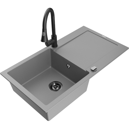 Mexen Leo granitový kuchyňský dřez s 1 komorou, odkapávačem a kuchyňskou baterií Elia, šedý - 6501-71-670101-70-B