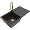 Mexen Leo jednokomorový granitový dřez s odkapávačem a kuchyňskou baterií Elia, černý/stříbrný metalik - 6501-73-670101-50