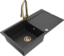 Mexen Leo jednokomorový granitový dřez s odkapávačem a kuchyňskou baterií Elia, černý/stříbrný metalik - 6501-73-670101-50