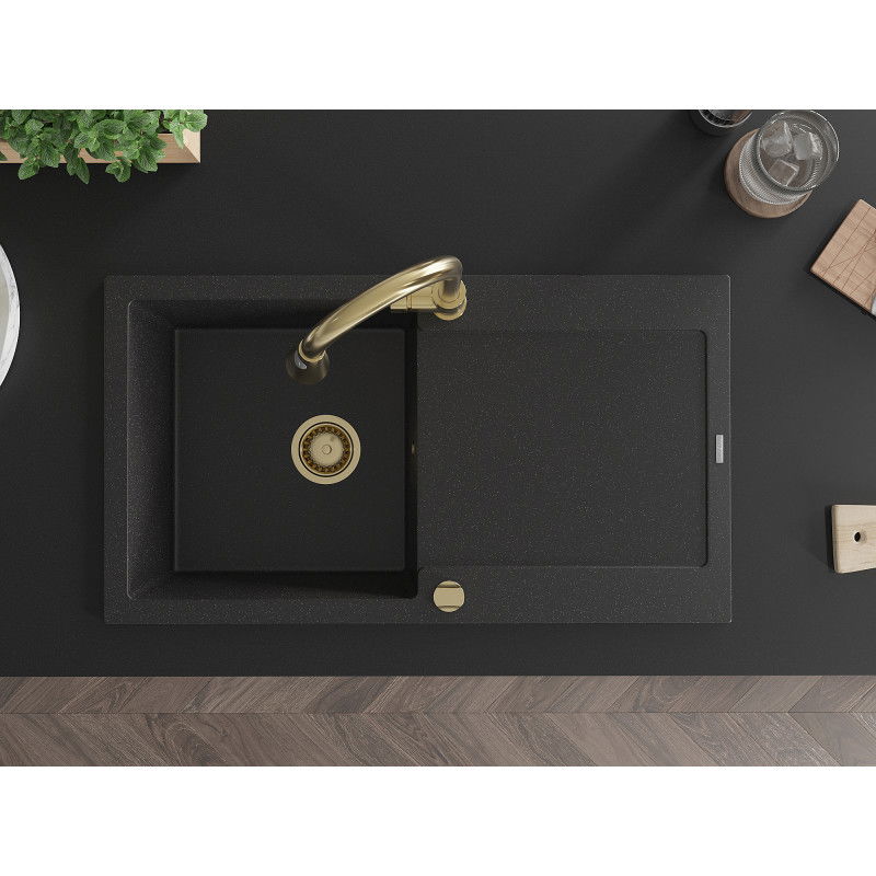 Mexen Leo jednokomorový granitový dřez s odkapávačem a kuchyňskou baterií Elia, černý/stříbrný metalik - 6501-73-670101-50