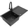 Mexen Leo granitový dřez 1-komorový s odkapávačem a kuchyňskou baterií Elia, černý/stříbrný metalický - 6501-73-670101-70-B
