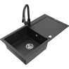 Mexen Leo granitový dřez 1-komorový s odkapávačem a kuchyňskou baterií Elia, černý/stříbrný metalik - 6501-73-670101-70