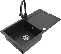 Mexen Leo granitový dřez 1-komorový s odkapávačem a kuchyňskou baterií Elia, černý/stříbrný metalik - 6501-73-670101-70