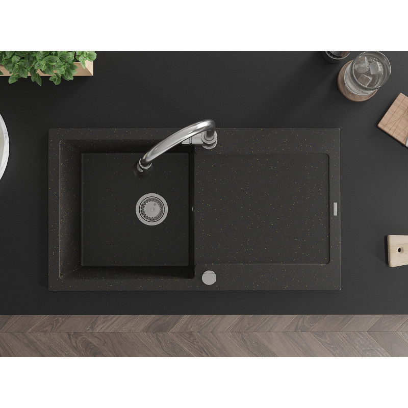 Mexen Leo granitový dřez 1-komorový s odkapávačem a kuchyňskou baterií Elia, černý/zlatý metalík - 6501-75-670101-00