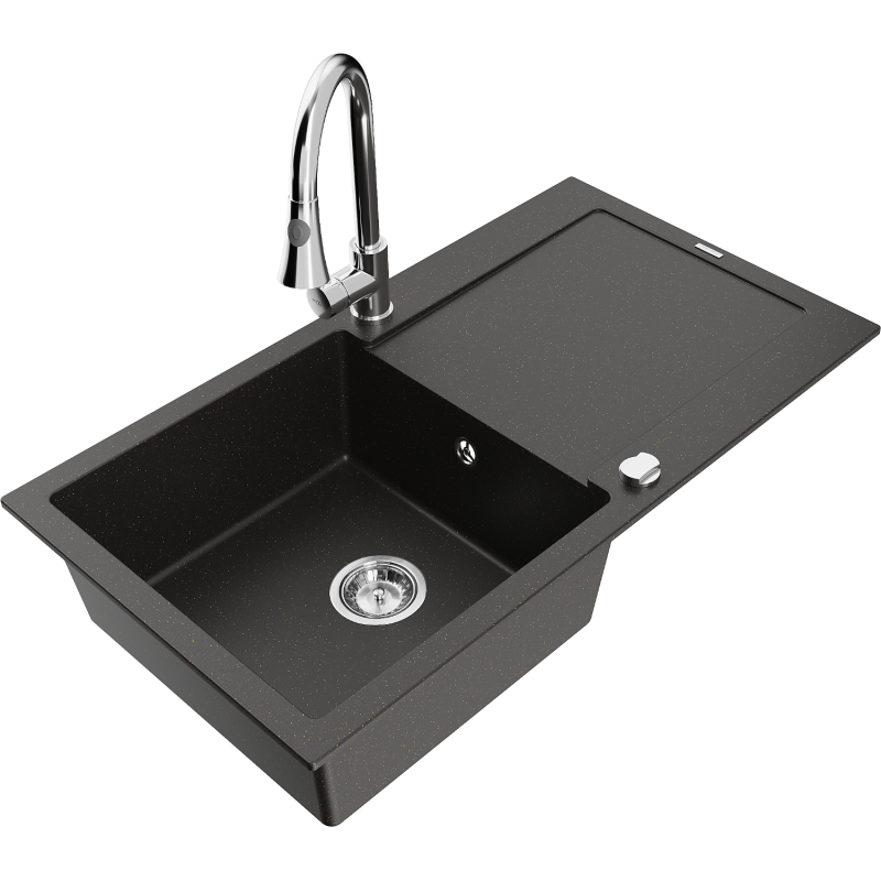 Mexen Leo granitový dřez 1-komorový s odkapávačem a kuchyňskou baterií Elia, černý/zlatý metalík - 6501-75-670101-00