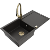 Mexen Leo granitový jednodřez s odkapávačem a kuchyňskou baterií Elia, černá/zlatý metalik - 6501-75-670101-50