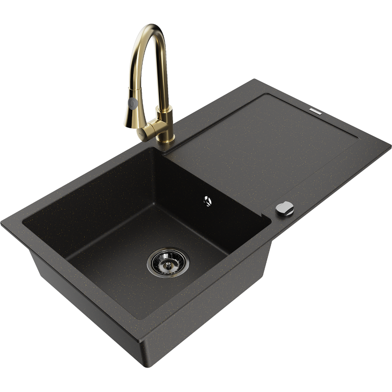 Mexen Leo granitový dřez 1-komorový s odkapávačem a kuchyňská baterie Elia, černá/zlatý metalík - 6501-75-670101-50-B
