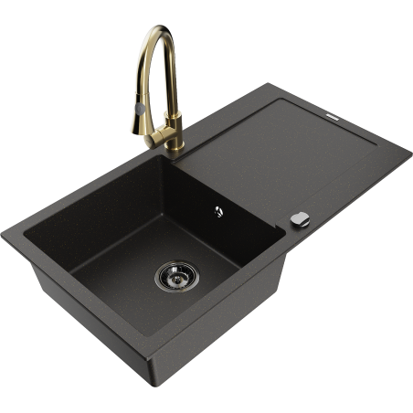 Mexen Leo granitový dřez 1-komorový s odkapávačem a kuchyňská baterie Elia, černá/zlatý metalík - 6501-75-670101-50-B