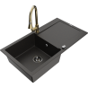 Mexen Leo granitový dřez 1-komorový s odkapávačem a kuchyňská baterie Elia, černá/zlatý metalík - 6501-75-670101-50-B