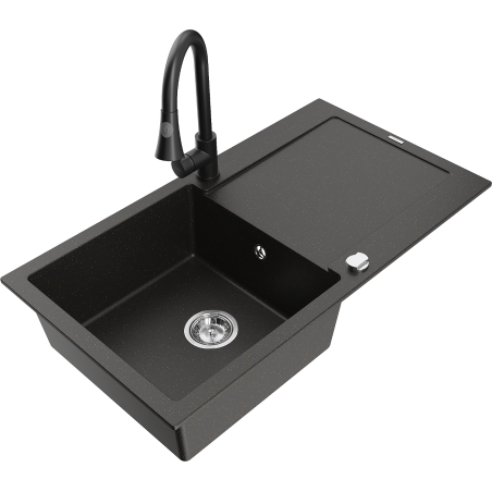 Mexen Leo jednovanový granitový dřez s odkapávačem a kuchyňskou baterií Elia, černý/zlatý metalik - 6501-75-670101-70