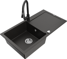 Mexen Leo jednovanový granitový dřez s odkapávačem a kuchyňskou baterií Elia, černý/zlatý metalik - 6501-75-670101-70