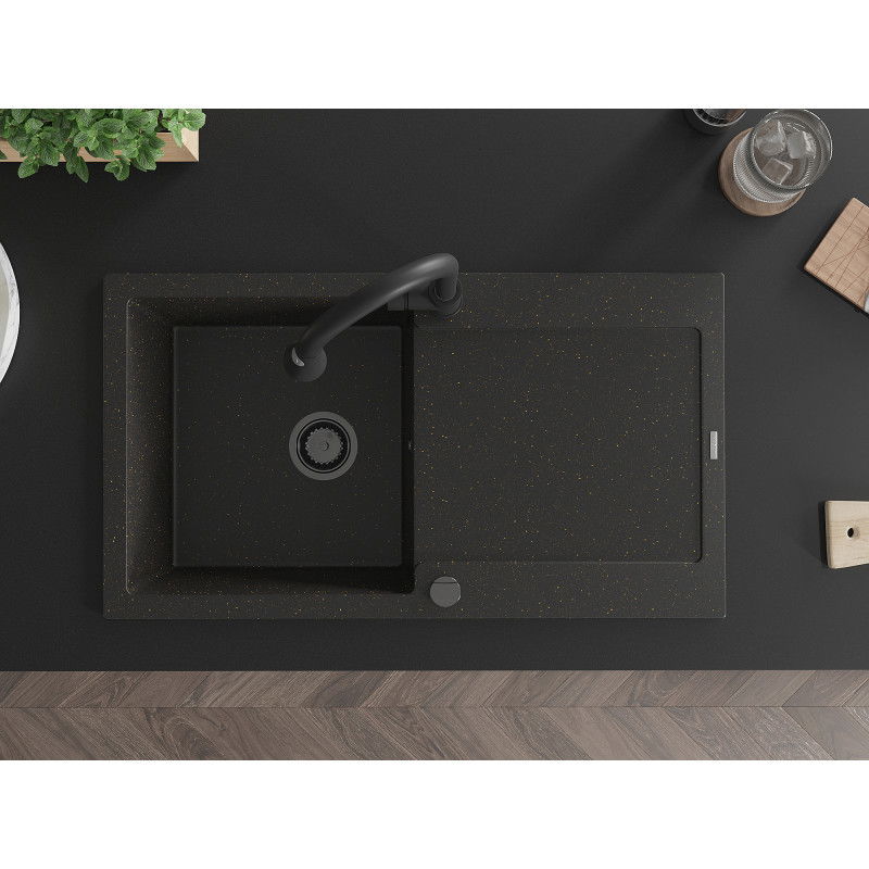 Mexen Leo granitový dřez jednokomorový s odkapávačem a kuchyňskou baterií Elia, černý/zlatý metalik - 6501-75-670101-70-B