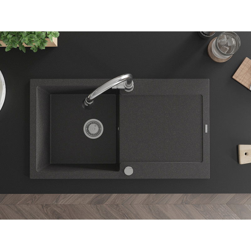 Mexen Leo granitový dřez 1-komorový s odkapávačem a kuchyňskou baterií Elia, černý kropenatý - 6501-76-670101-00