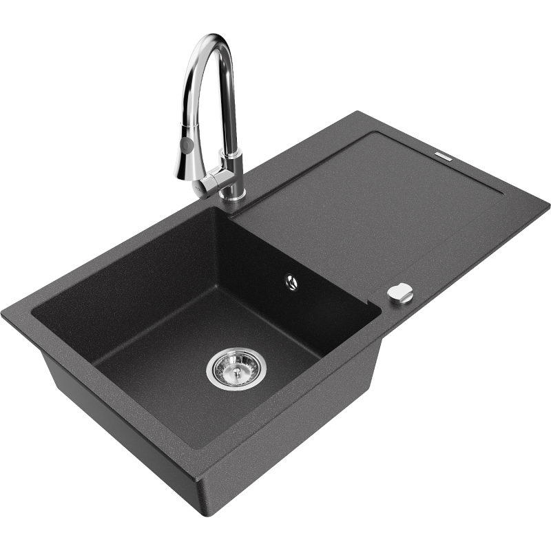 Mexen Leo granitový dřez 1-komorový s odkapávačem a kuchyňskou baterií Elia, černý kropenatý - 6501-76-670101-00