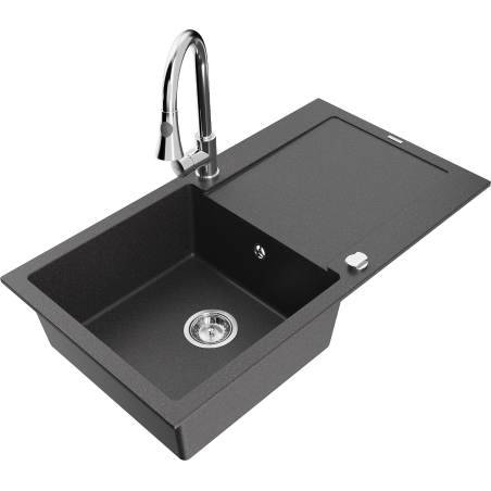 Mexen Leo granitový dřez 1-komorový s odkapávačem a kuchyňskou baterií Elia, černý kropenatý - 6501-76-670101-00